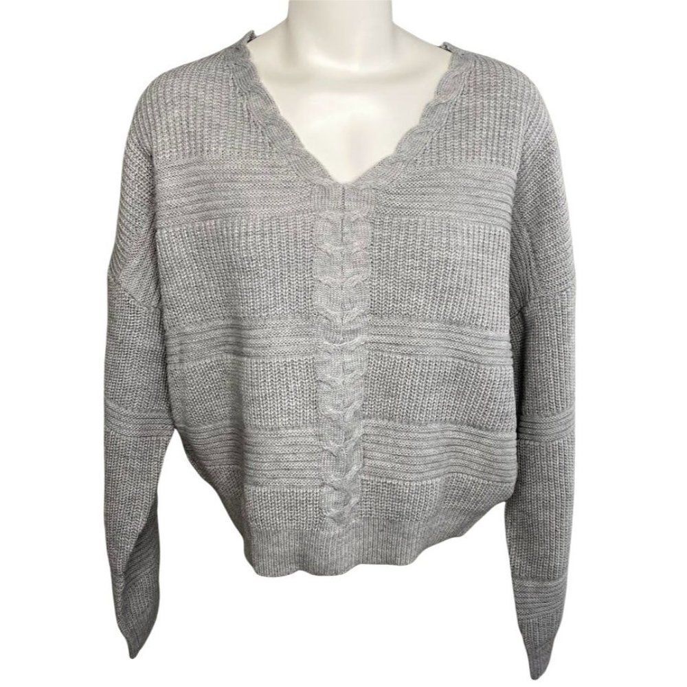 Numero Sweater Top Womens XL Grey Lace-Back Cropped Long-Sleeve Soft Lightweight